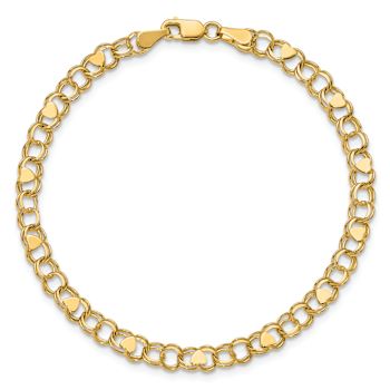 14k Yellow Gold 4mm Double Link Hearts Charm Bracelet