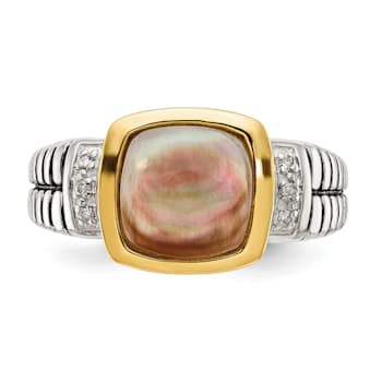 Sterling Silver Antiqued with 14K Accent Black Mother of Pearl and
Diamond Ring