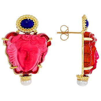 Pink Venetian Glass And Pearl Medusa Cameo Earrings In 18K Gold Over
Sterling Silver