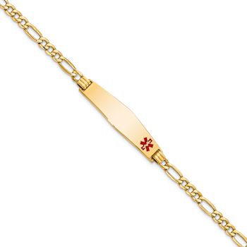 14k Yellow Gold Medical Soft Diamond Shape Red Enamel Figaro Link ID Bracelet