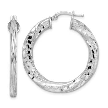 Rhodium Over Sterling Silver 3x33mm Diamond-Cut Twisted Tube Hoop Earrings