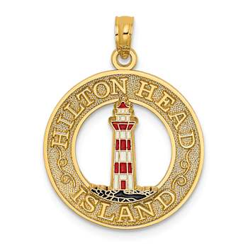 14k Yellow Gold Textured Hilton Head Island with Enameled Lighthouse in
Circle Charm