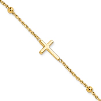14k Yellow Gold Diamond-Cut Beaded Cross Bracelet