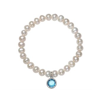 Cultured Pearl And CZ Charm Stretch Bracelet In Sterling Silver 7-8mm