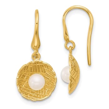 14K Yellow Gold Freshwater Cultured Pearl and Textured Circle Dangle Earrings