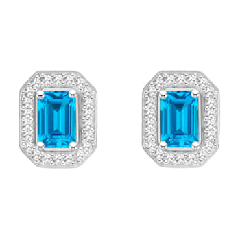 6x4mm Emerald Cut Blue Topaz 1/5 ctw Diamond Rhodium Over Sterling
Silver Halo Stud Earrings