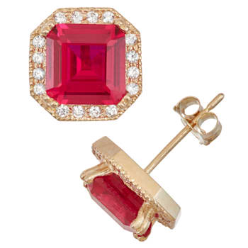 Lab Created Ruby 10K Yellow Gold Stud Earrings 4.24ctw