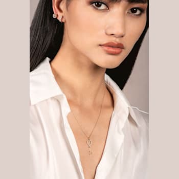 White Cubic Zirconia 14k Yellow Gold Key Pendant With Chain 0.20ctw