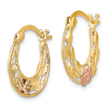 14K Yellow Gold and 14K Rose Gold Diamond-Cut 11/16" Flowers Hoop Earrings
