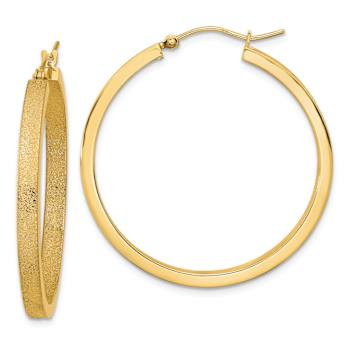 14K Yellow Gold Polished and Brushed 1 1/2" Hoop Earrings
