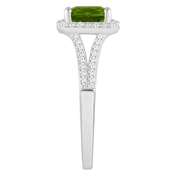 7mm Cushion Peridot 1/4 ctw Diamond Rhodium Over Sterling Silver Halo Ring
