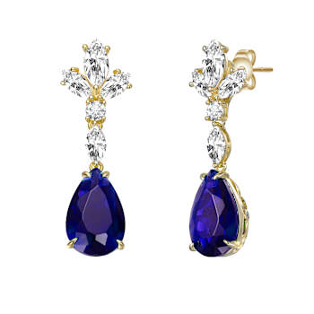 Sapphire Color CZ Cluster Drop Earrings In 14K Gold Over Sterling Silver