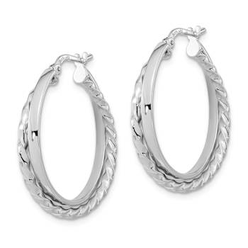 Rhodium Over 14k White Gold 1" Polished and Textured Hinged Hoop Earrings