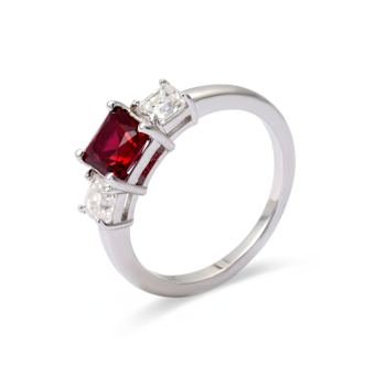 Red Lab Grown Ruby Rhodium Over Sterling Silver Three Stone Ring