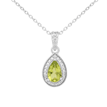 Pear Shape Peridot with Moissanite Accents Rhodium Over Sterling Silver
Pendant with Chain