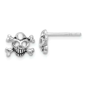 Rhodium Over Sterling Silver Antiqued Skull and Crossbones Post Earrings