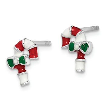 Rhodium Over Sterling Silver Enamel Candy Cane Post Earrings