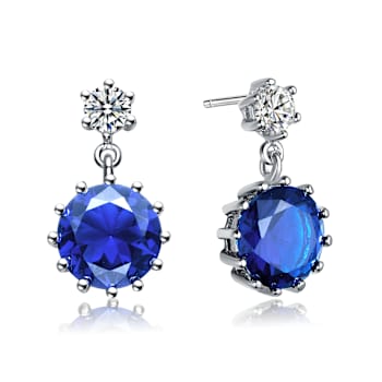 Sapphire Color CZ Circle Drop Earrings In Sterling Silver