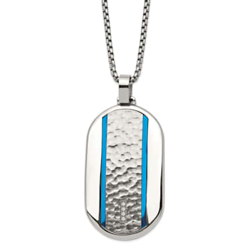 White Cubic Zirconia Stainless Steel  Blue IP-plated Men's Dog Tag
Pendant With Chain