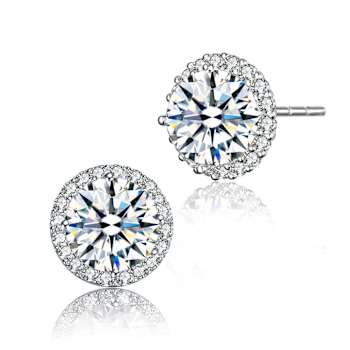 CZ Halo Stud Earrings In Sterling Silver