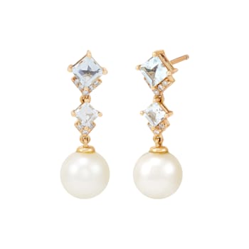 8-8.5mm Round White Freshwater Pearl with Aquamarine and Diamond 14K
Yellow Gold Drop Earrings