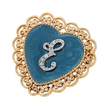 Gold Tone Filigree Heart Blue Enamel Initial Pin