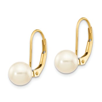 14K Yellow Gold 6-7mm White Round Freshwater Cultured Pearl Leverback Earrings