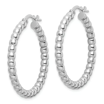 Rhodium Over Sterling Silver Polished 3mm Beaded Hoop Earrings