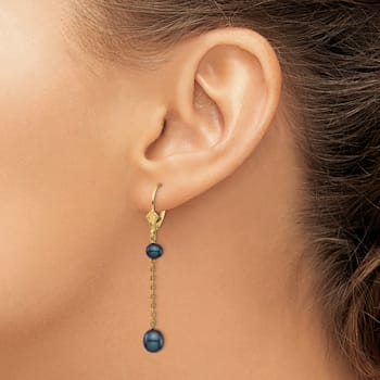14K Yellow Gold 5-7mm Black Rice Freshwater Cultured Pearl Leverback Earrings