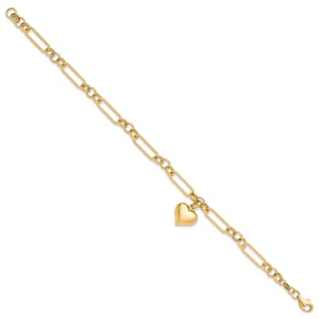 14k Yellow Gold Polished Heart Charm Link Bracelet