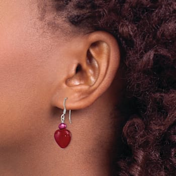 Sterling Silver Polished Red Freshwater Pearl and Red Jadeite Heart
Dangle Earrings