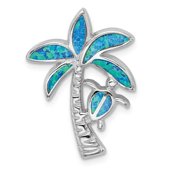 Rhodium Over Sterling Silver Blue Inlay Lab Created Opal Palm Tree Slide
