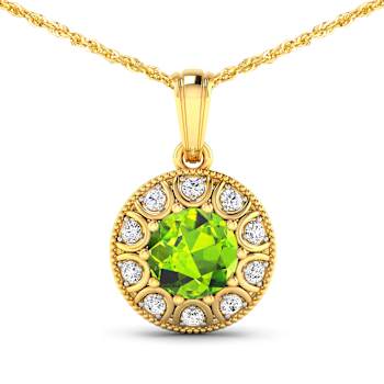 1.85ctw 14K Yellow Gold Round Peridot and White Diamond Pendant with 18
inch Cable Chain