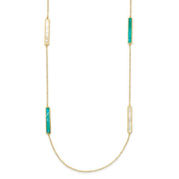 14K Yellow Gold Teal and White Color Mother Of Pearl Bar 34 Inch Necklace