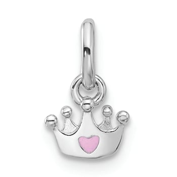 Rhodium Over Sterling Silver Pink Enameled Heart Crown Children's Pendant