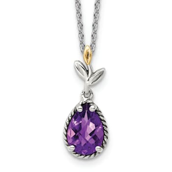 Sterling Silver Antiqued with 14K Accent Leaves Pear Amethyst with
2-inch Extension Necklace