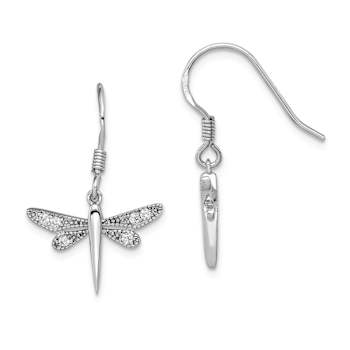 Rhodium Over Sterling Silver Polished Cubic Zirconia Dragonfly Earrings
