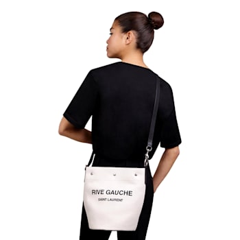 Saint Laurent Rive Gauche Black Leather Trim Linen Bucket Bag
