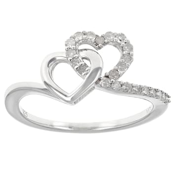 White Diamond Rhodium Over Sterling Silver Double Heart Ring 0.25ctw