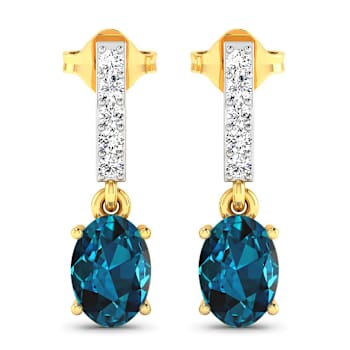 1.40ctw 14K Yellow Gold London Blue Topaz and White Diamond Halo Earrings