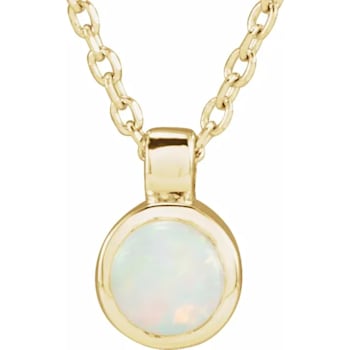 14K Yellow Gold Round Ethiopian Opal Bezel Set Solitaire Pendant with Chain.