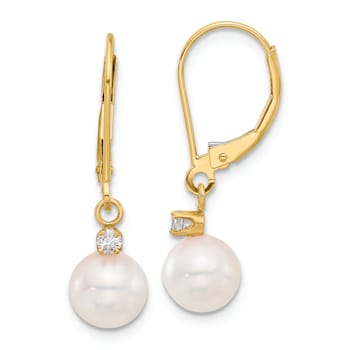 14K Yellow Gold 7-8mm Round White Akoya Cultured Pearl 0.10 cttw Diamond
Dangle Leverback Earrings