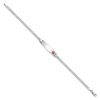 Rhodium Over 14k White Gold Medical Soft Diamond Shape Red Enamel Flat
Curb Link ID Bracelet