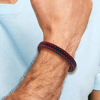 Stainless Steel Polished Black Ion Plated Black Leather and Red Fabric
8.25-inch Bracelet