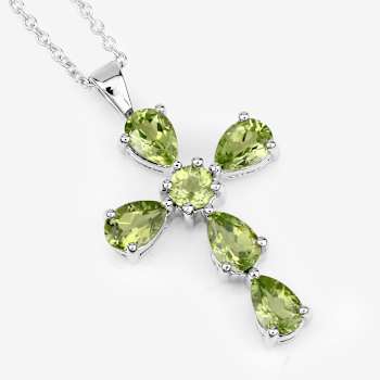 Green Peridot Rhodium Over Sterling Silver Cross Pendant With Chain