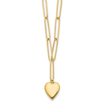 14K Yellow Gold Polished Heart Paperclip Link Necklace