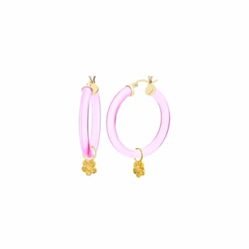 14K Yellow Gold Over Sterling Silver Acrylic Mini Flower Charm Hoop
Earrings in Pink