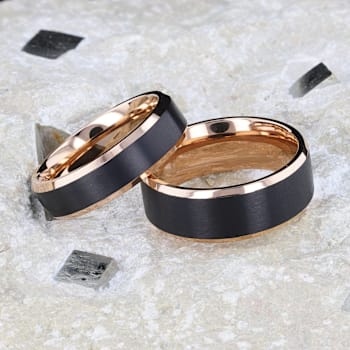 STEPHEN Rose Gold Plated Black Titanium Flat Brushed Wedding Ring With
Beveled Polished Edges 8mm