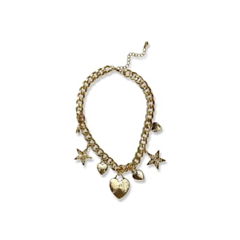Gold Tone Crystal Stars and Heart Charms Pendant Necklace.