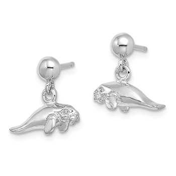 Rhodium Over 14k White Gold 3D Polished Mini Manatee Dangle Earrings